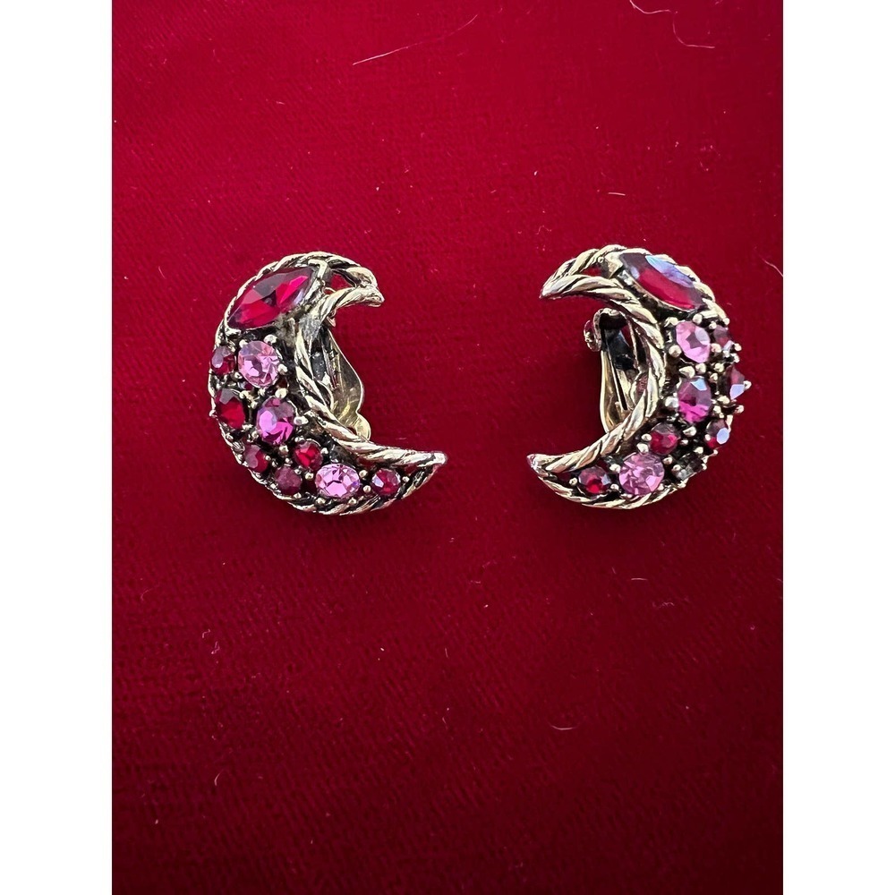 Vintage Weiss pink and red rhinestone crescent moon earrings